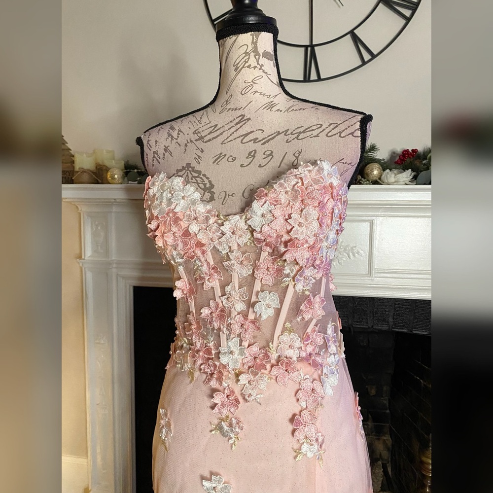Flower light pink corset prom dress or formal dress